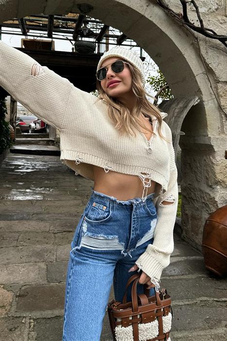 Glow Yırtık Detaylı Crop Kazak - Krem