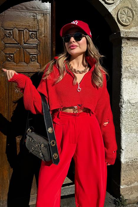 Glow Yırtık Detaylı Crop Kazak - Kırmızı