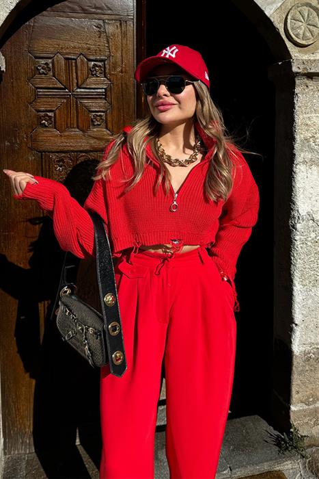 Glow Yırtık Detaylı Crop Kazak - Kırmızı