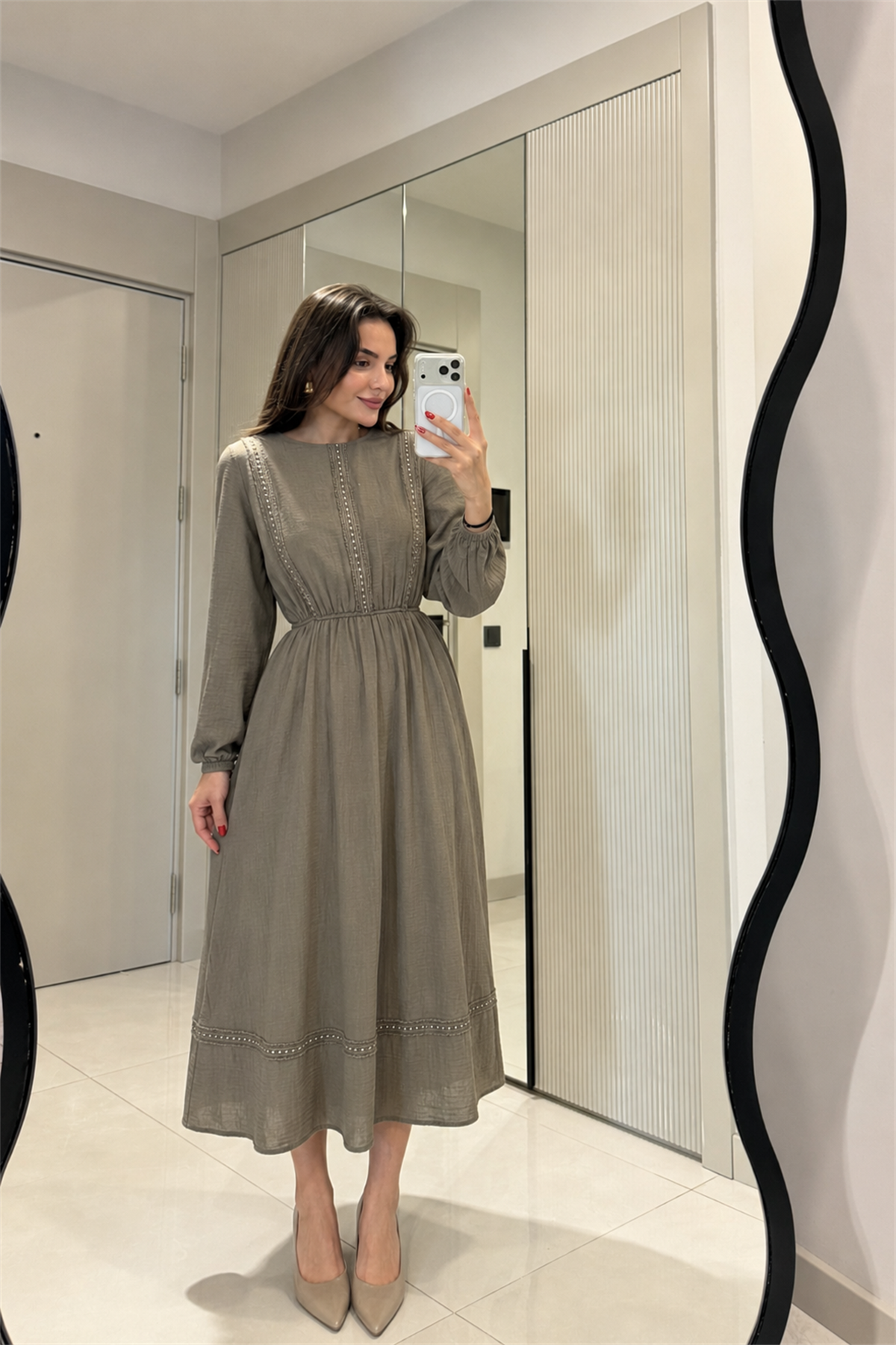 Glowen Haki Müslin Maxi Elbise