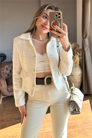 Gold düğme detaylı beyaz tüvit blazer
