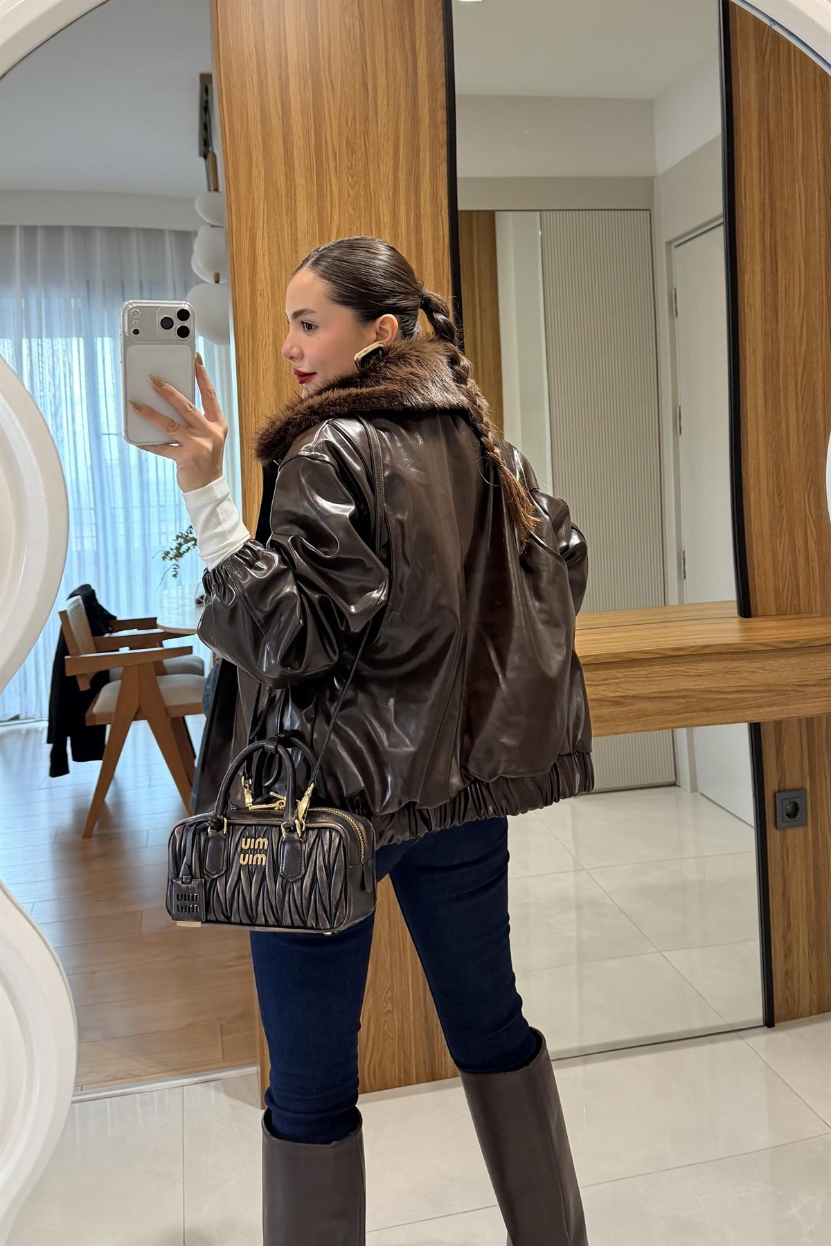 Gomez Kahve Kürk Yaka Deri Ceket