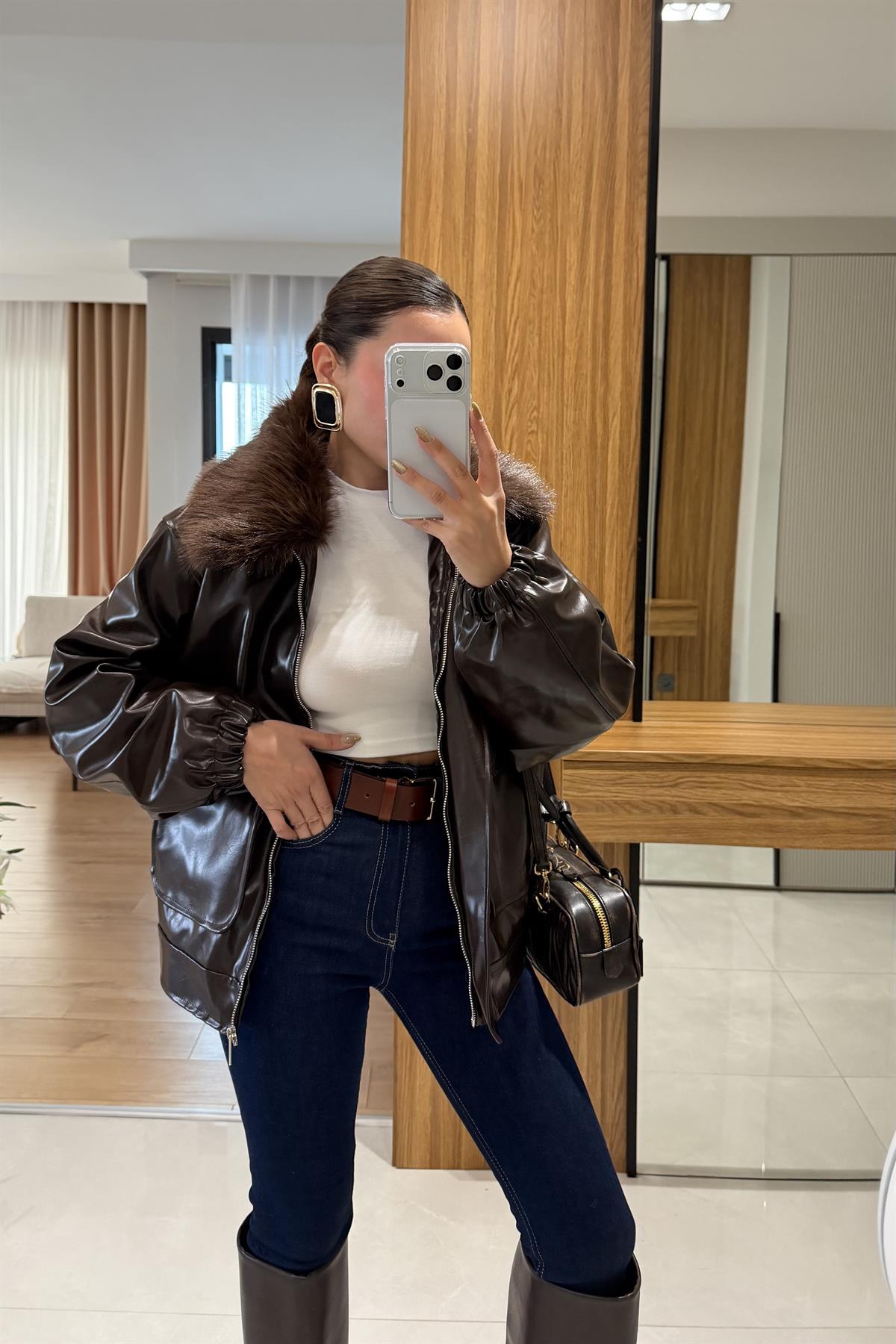 Gomez Kahve Kürk Yaka Deri Ceket