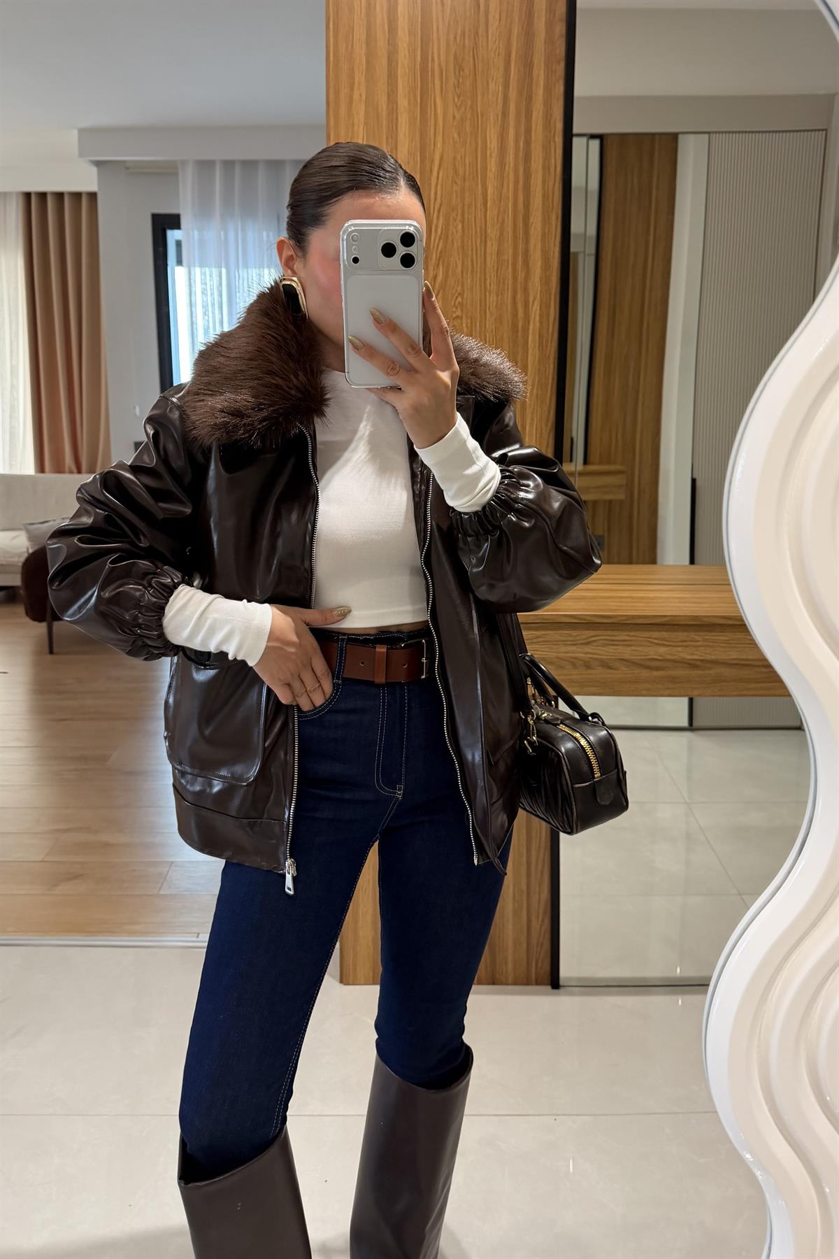 Gomez Kahve Kürk Yaka Deri Ceket