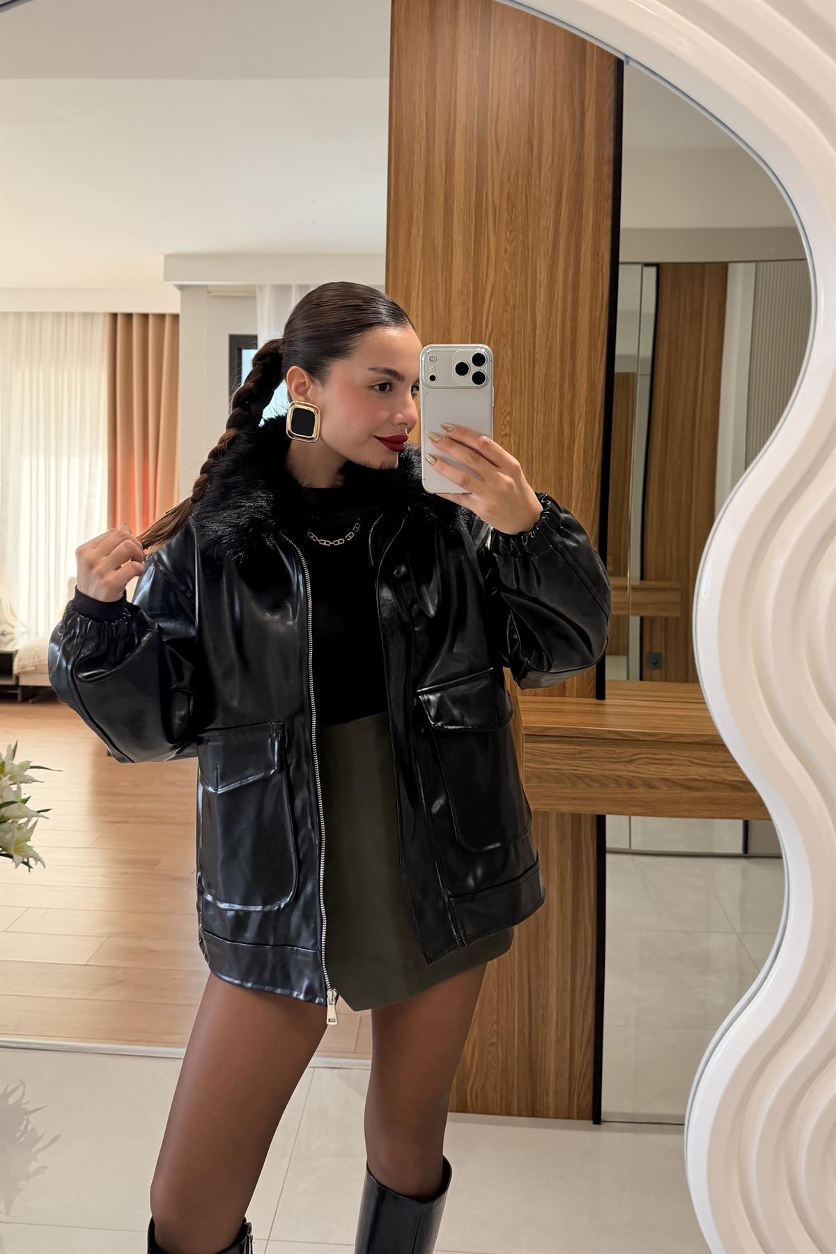 Gomez Siyah Kürk Yaka Deri Ceket