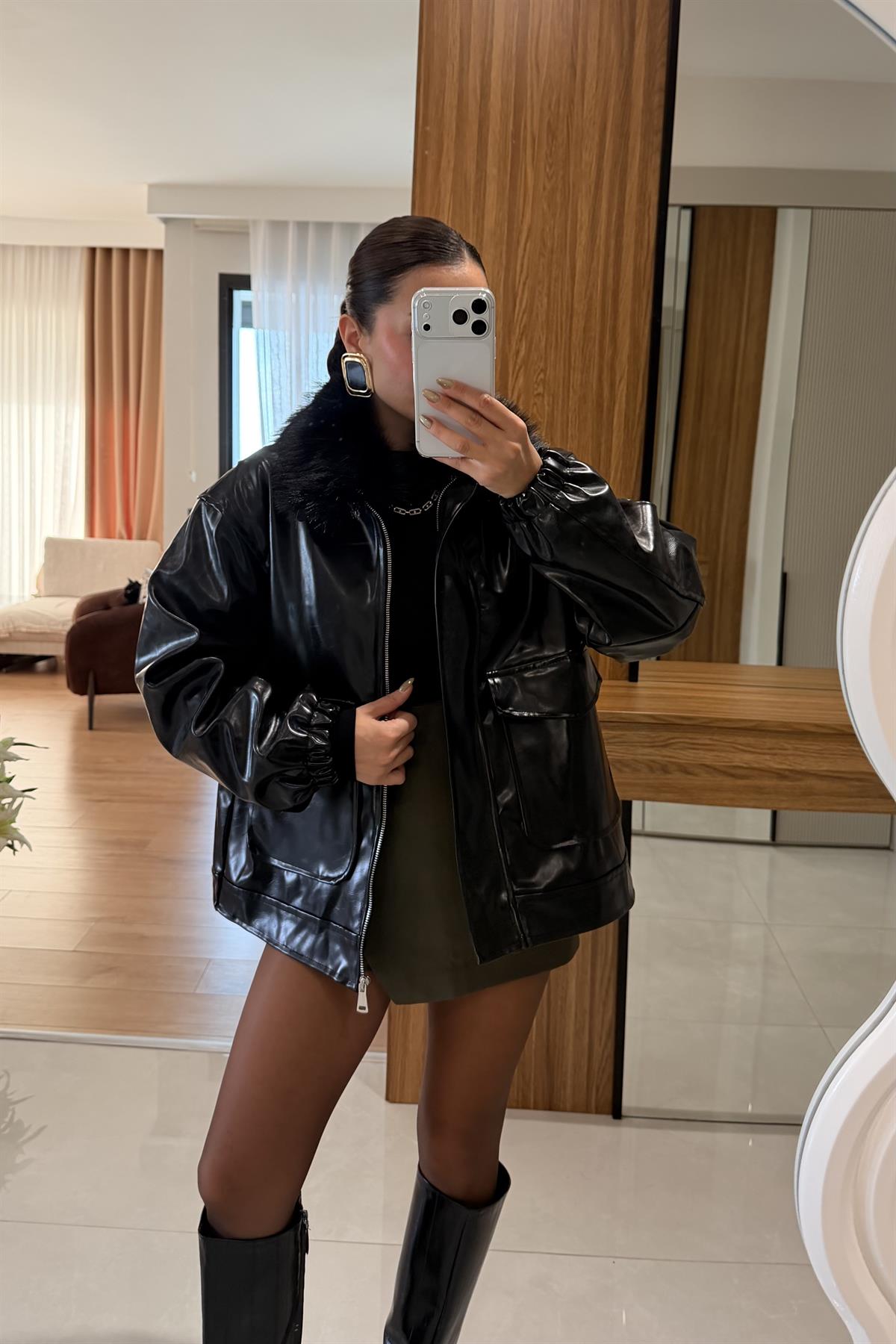 Gomez Siyah Kürk Yaka Deri Ceket