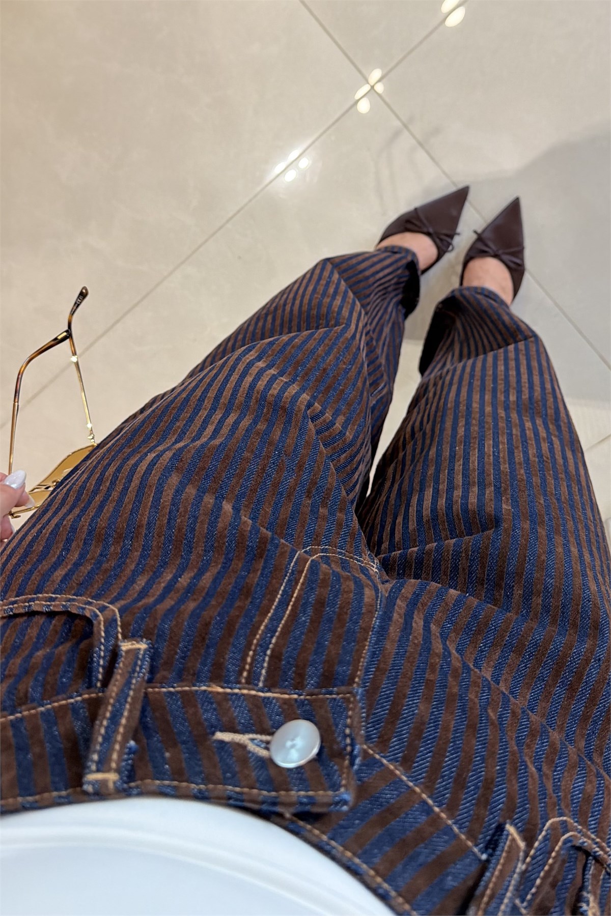 Gowse Darkblue Kadife Çizgili Balon Jean
