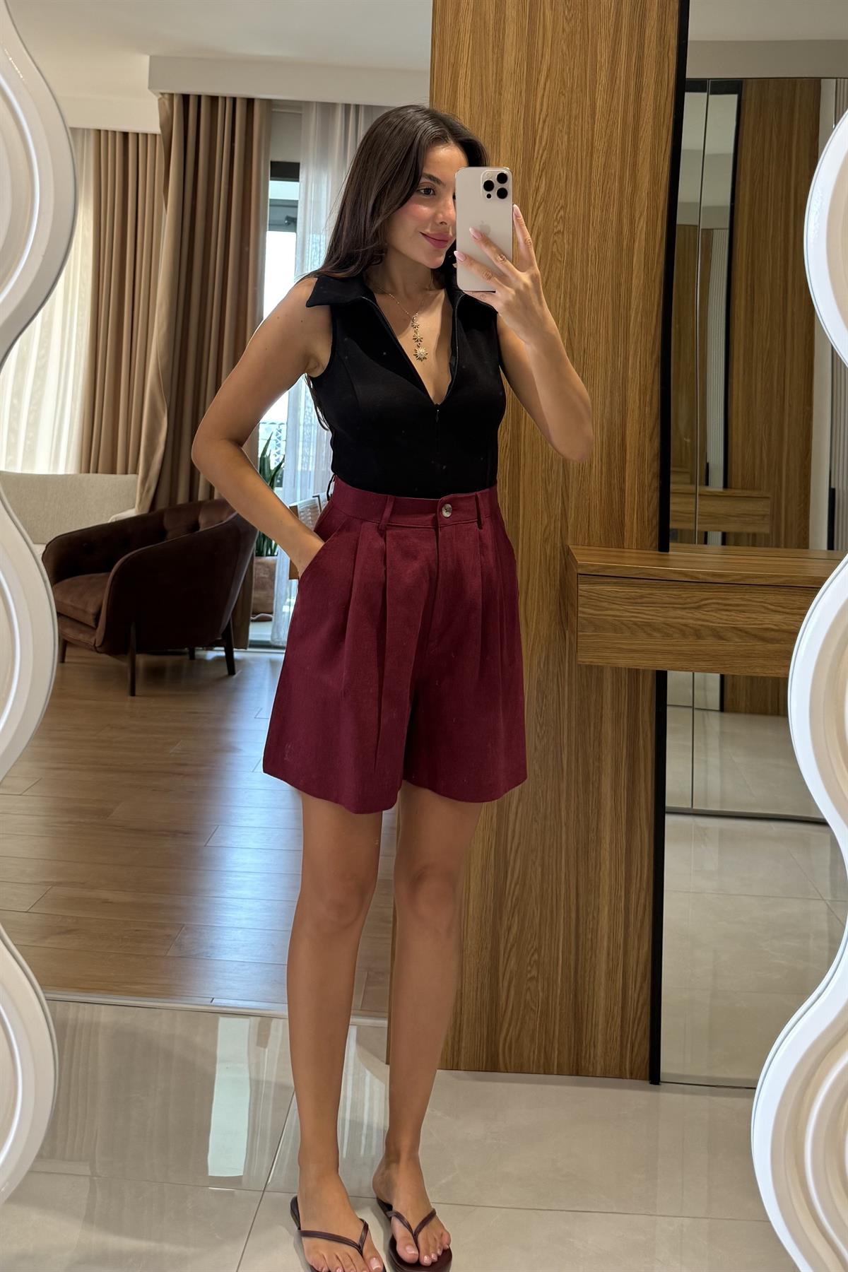 Gramer Bordo Keten Şort 