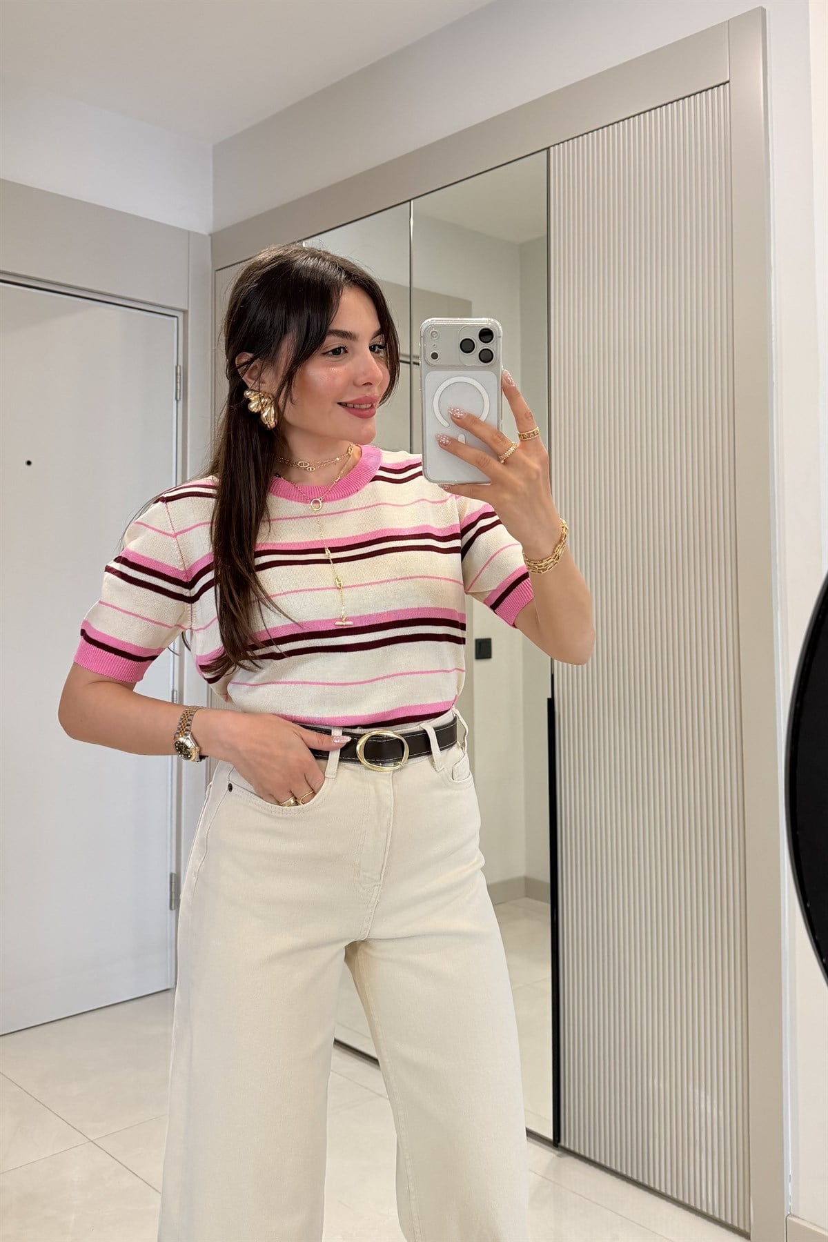 Graner Pembe Çizgili Triko 