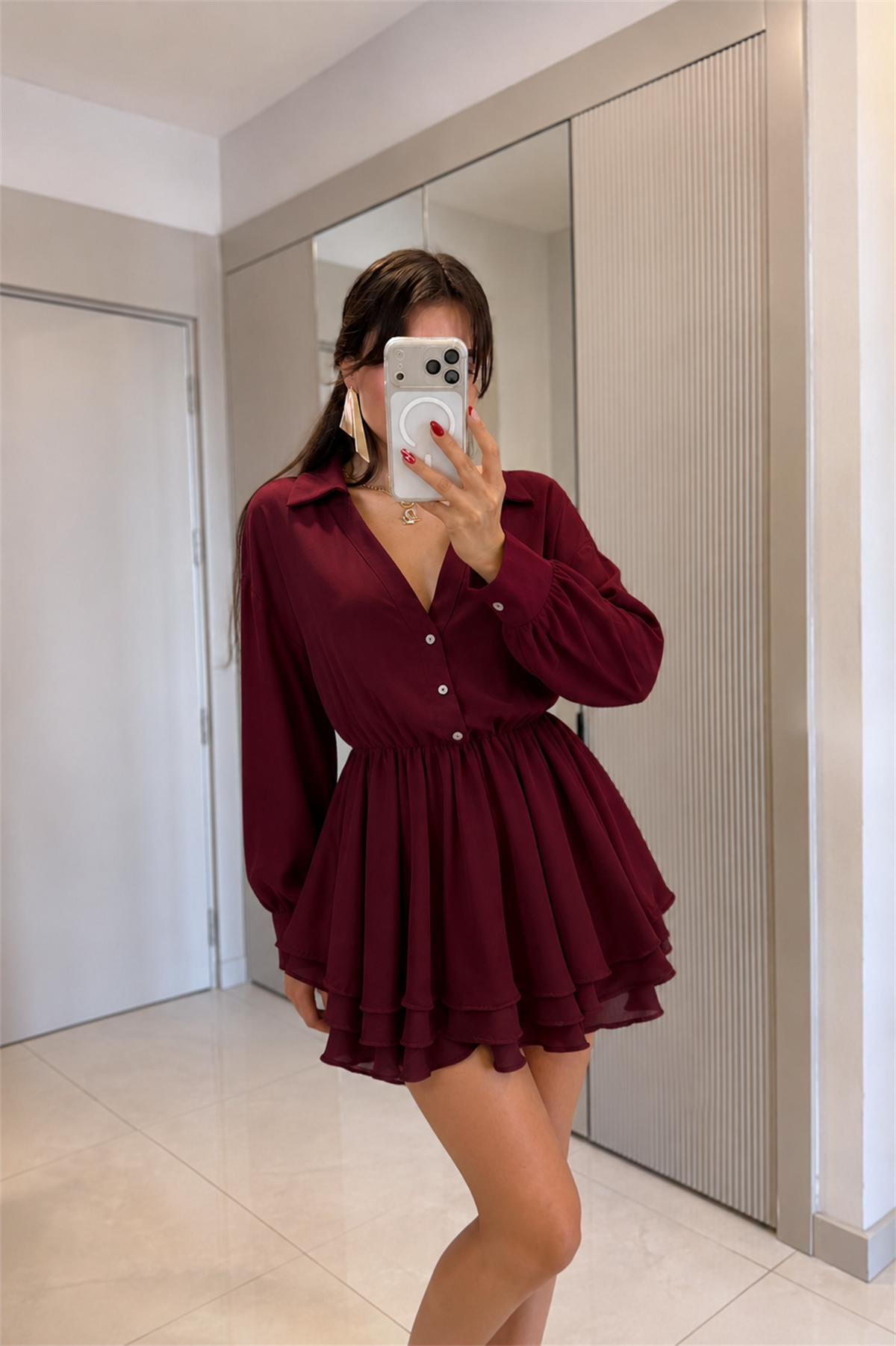 Greedy Bordo Volanlı Mini Elbise