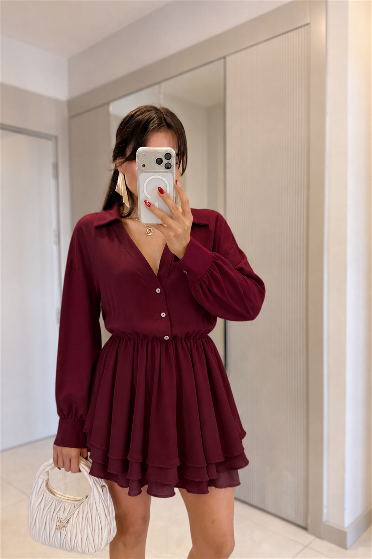 Greedy Bordo Volanlı Mini Elbise