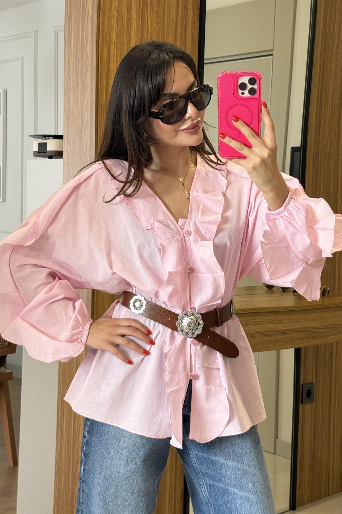 Grenada Pembe Fırfırlı Gömlek 