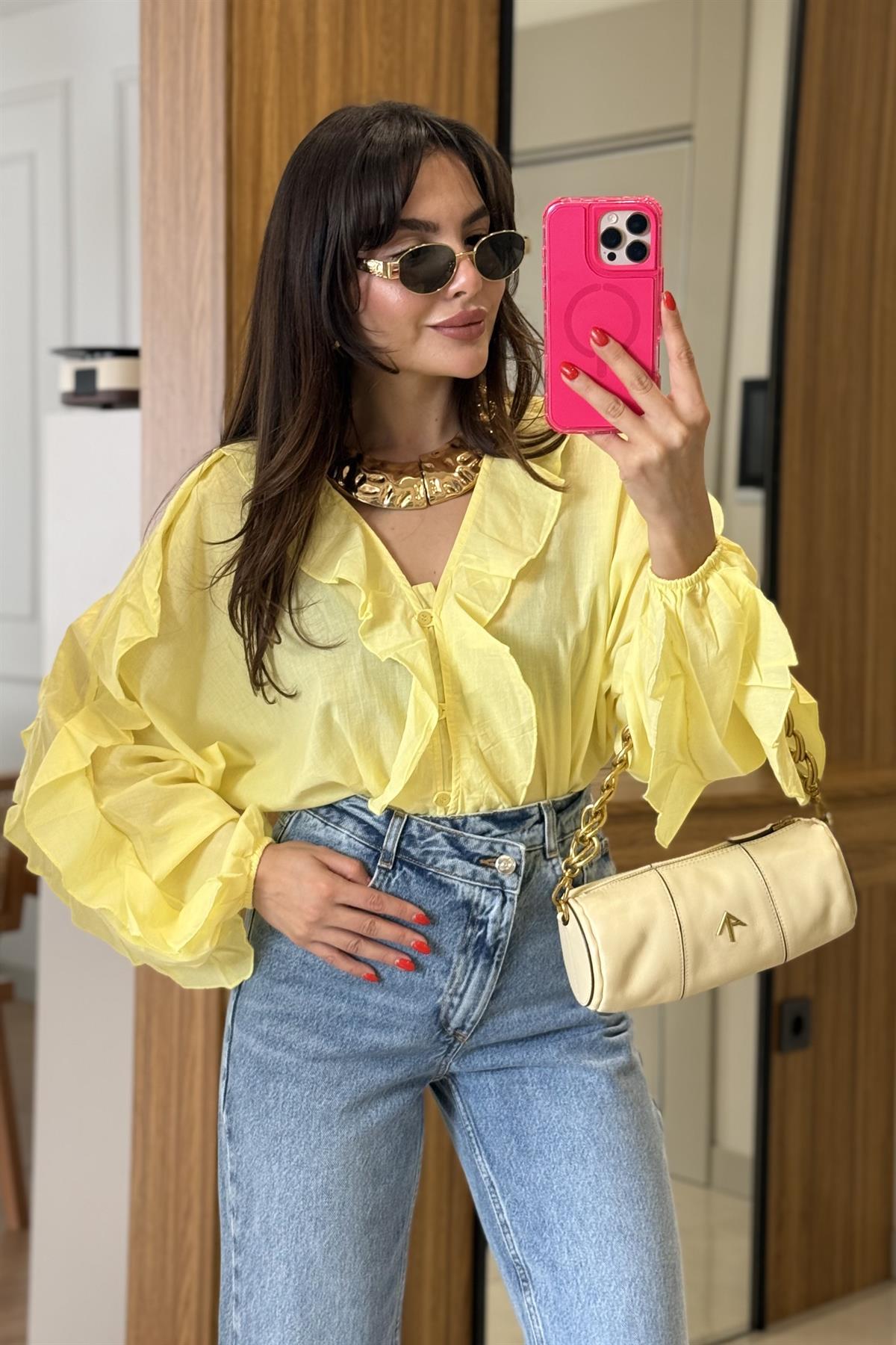 Grenada Sarı Fırfırlı Gömlek 