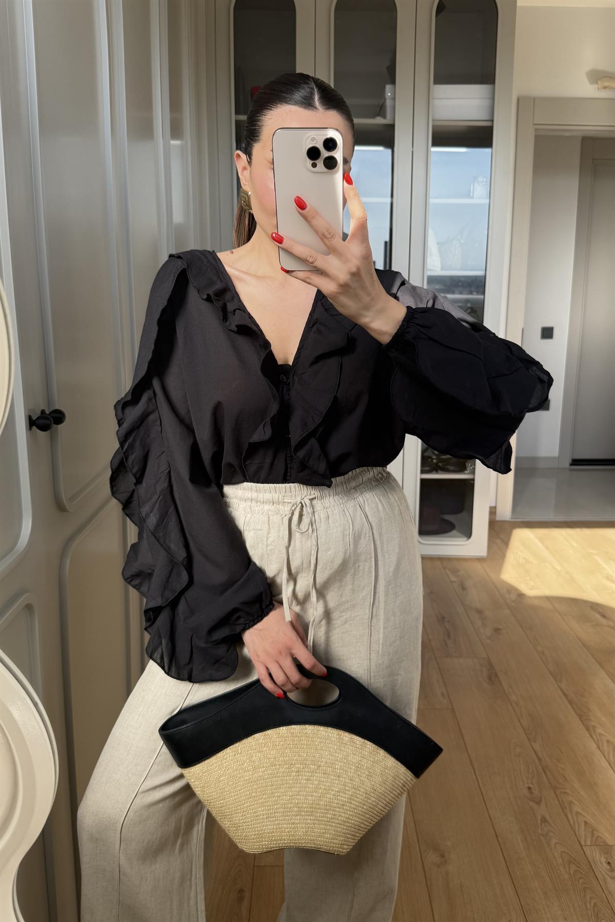 Grenada Siyah Fırfırlı Gömlek 