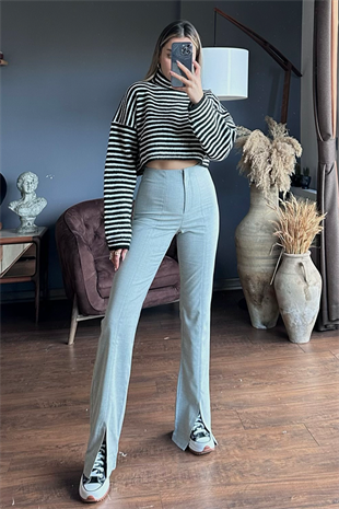 Grey önden yırtmaç detaylı pantolon