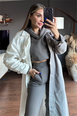 Gri beyaz çift renk trençkot