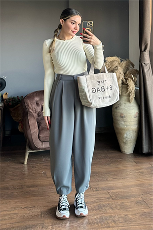 Gri pens detaylı slouchy pantolon