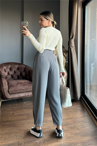 Gri pens detaylı slouchy pantolon
