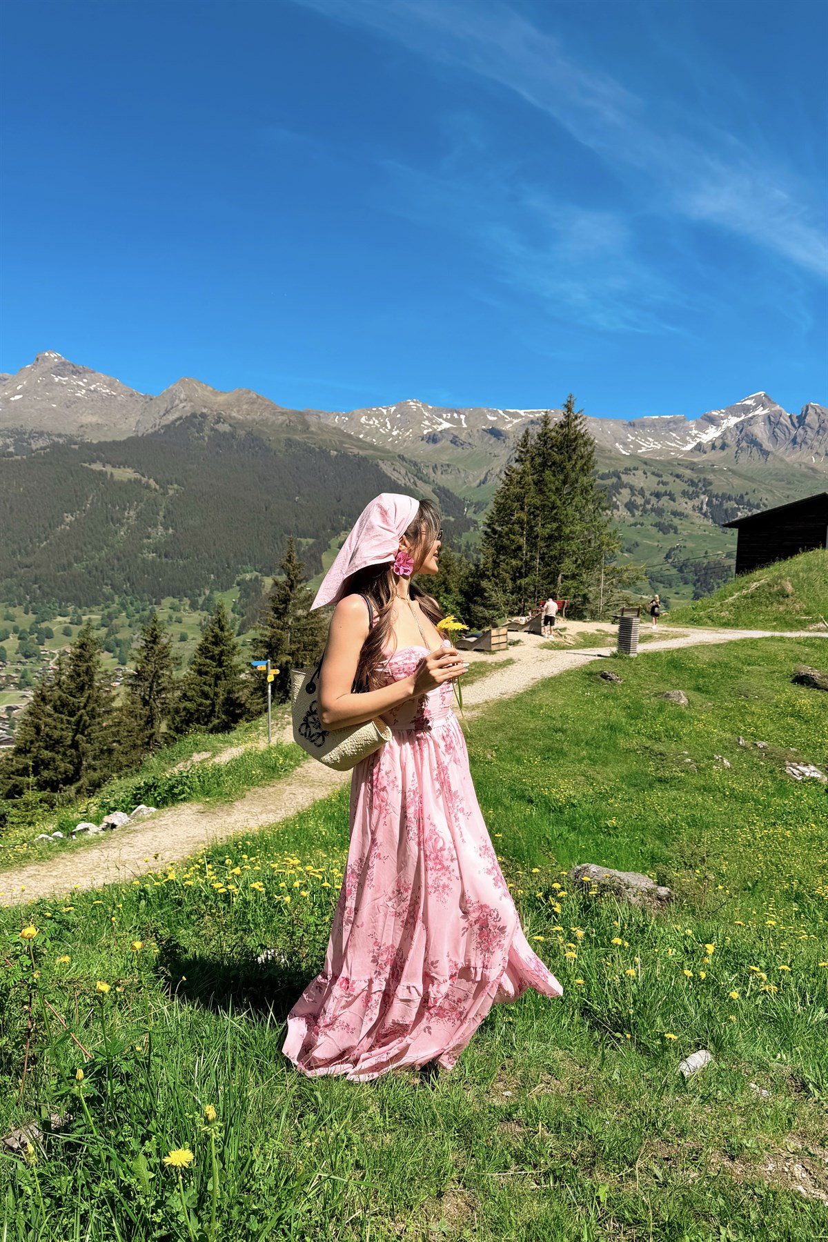 Grindelwald Pembe Çiçekli Şifon Romantik Elbise