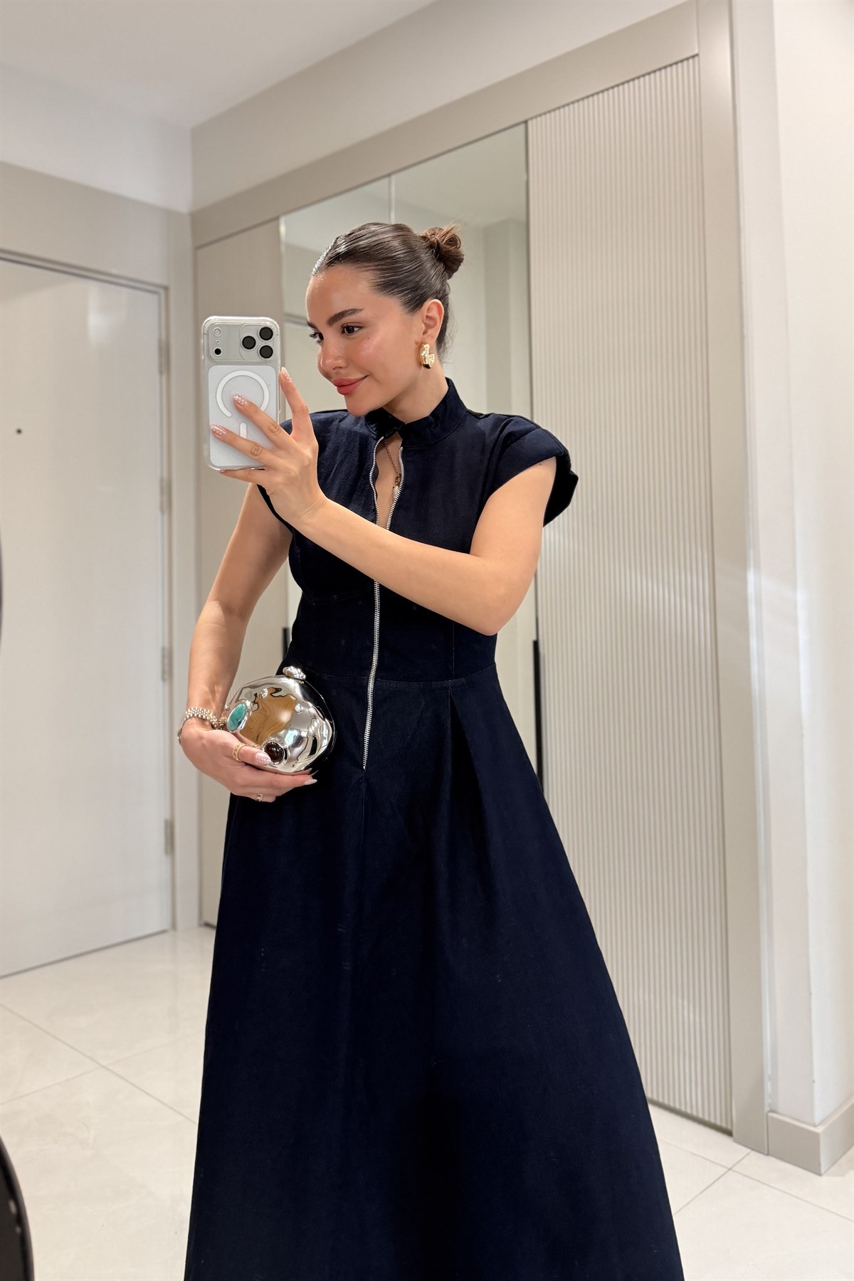 Growe Darkblue Önü Fermuarlı Maxi Denim Elbise