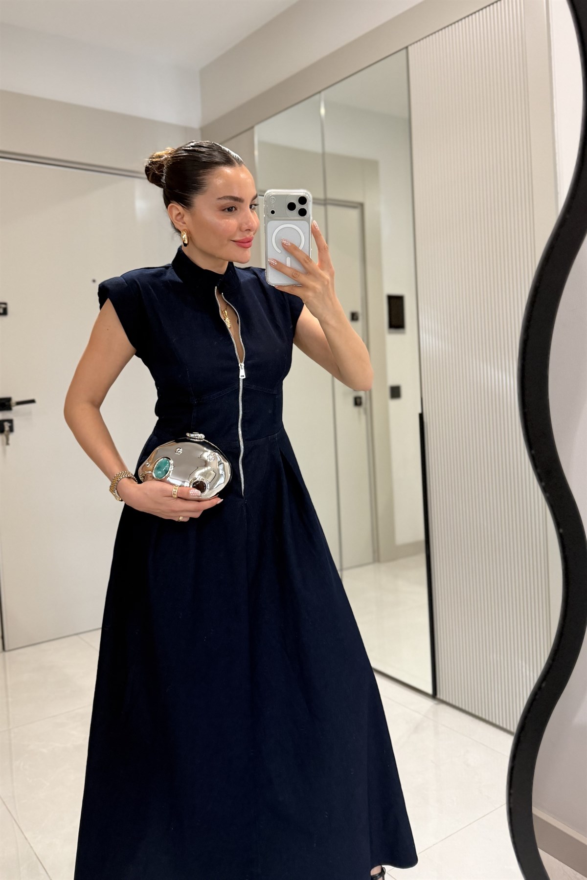 Growe Darkblue Önü Fermuarlı Maxi Denim Elbise