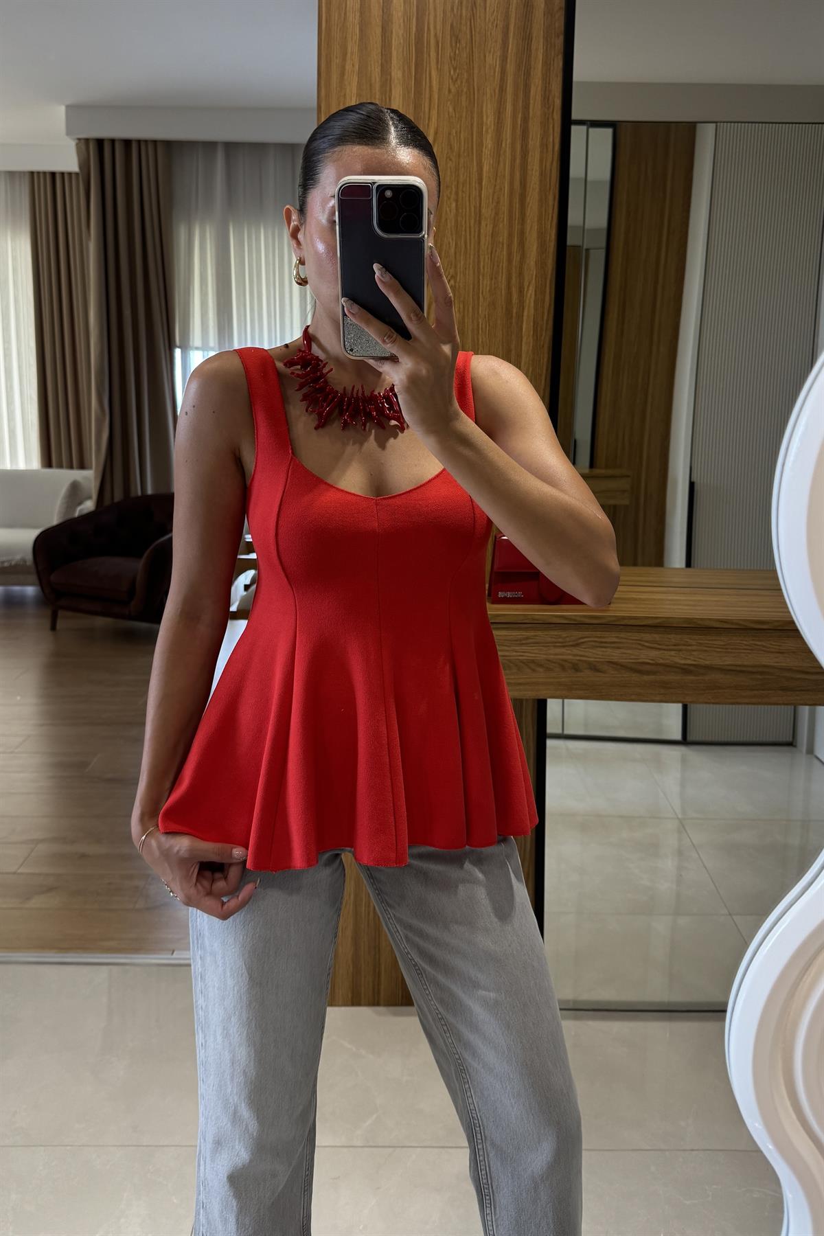 Guanna Kırmızı Dilvin Flare Peplum Bluz