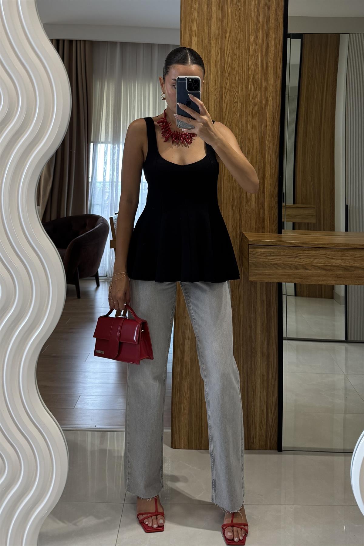 Guanna Siyah Dilvin Flare Peplum Bluz