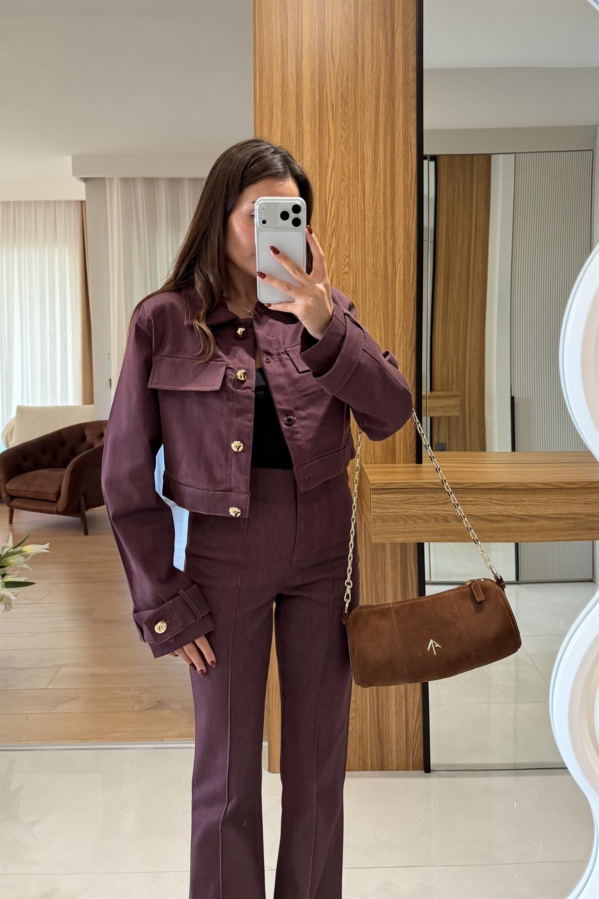 Guava Bordo Gold Düğme Detaylı Denim Takım