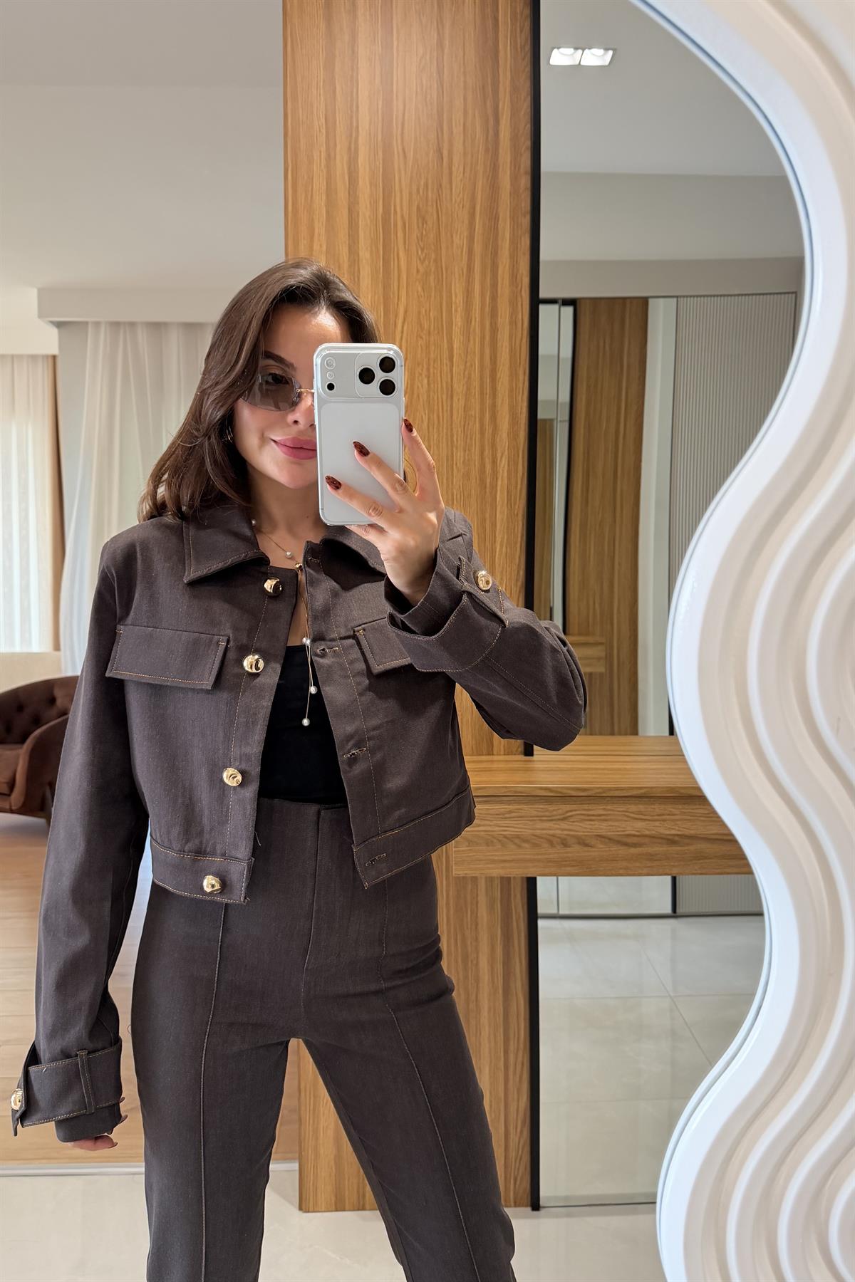 Guava Kahve Gold Düğme Detaylı Denim Takım
