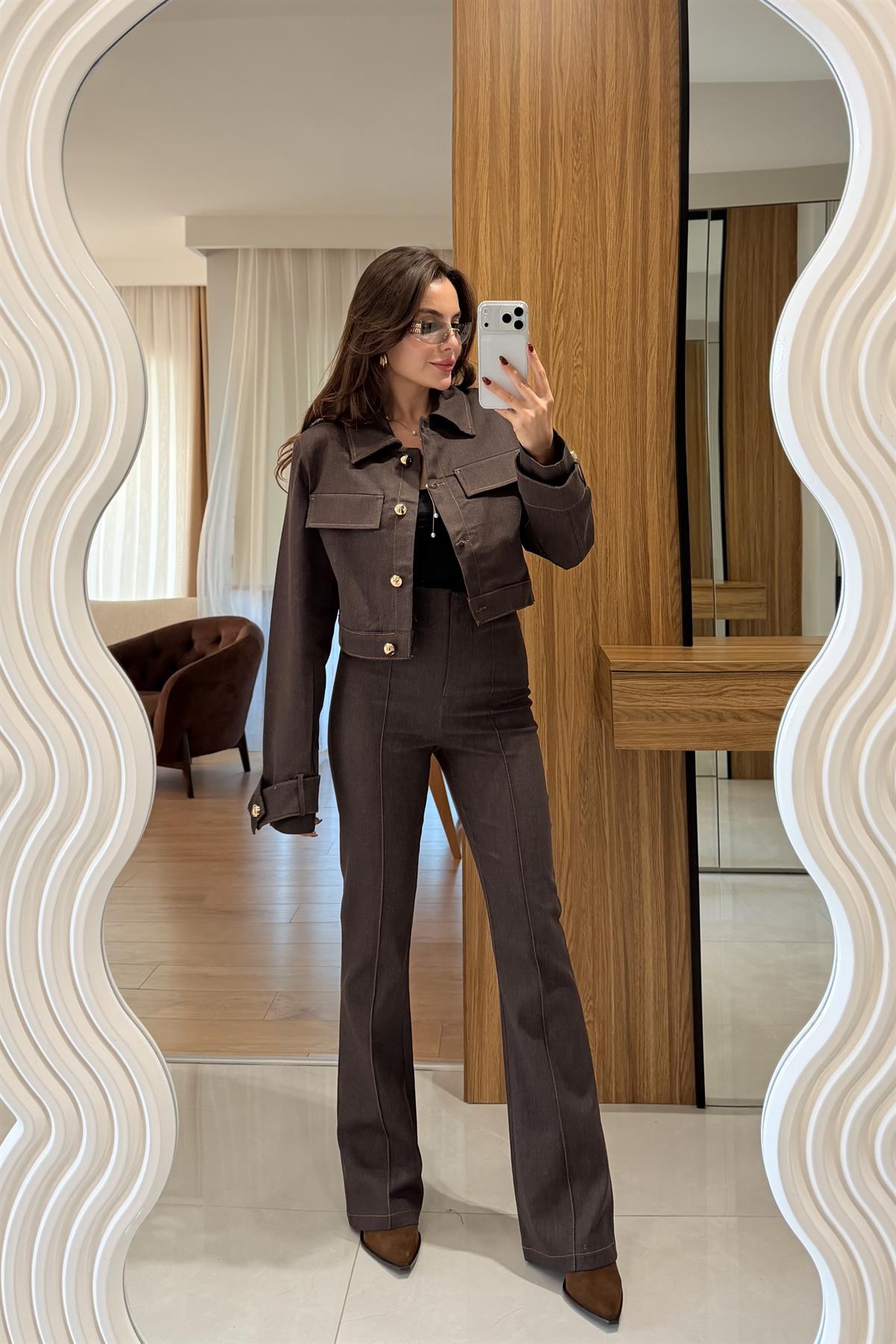 Guava Kahve Gold Düğme Detaylı Denim Takım
