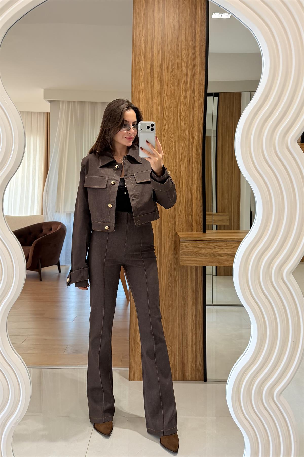 Guava Kahve Gold Düğme Detaylı Denim Takım