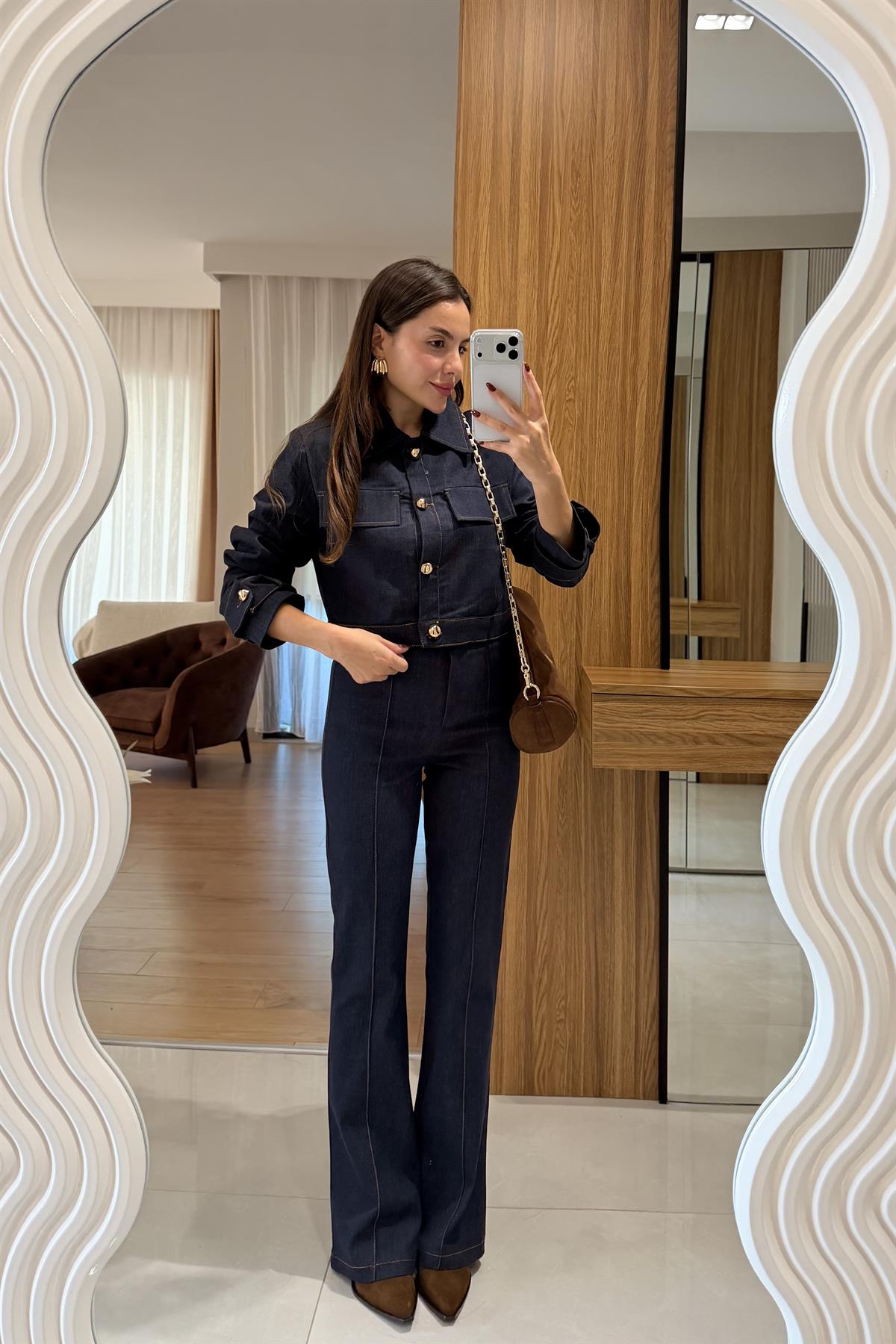 Guava Lacivert Gold Düğme Detaylı Denim Takım
