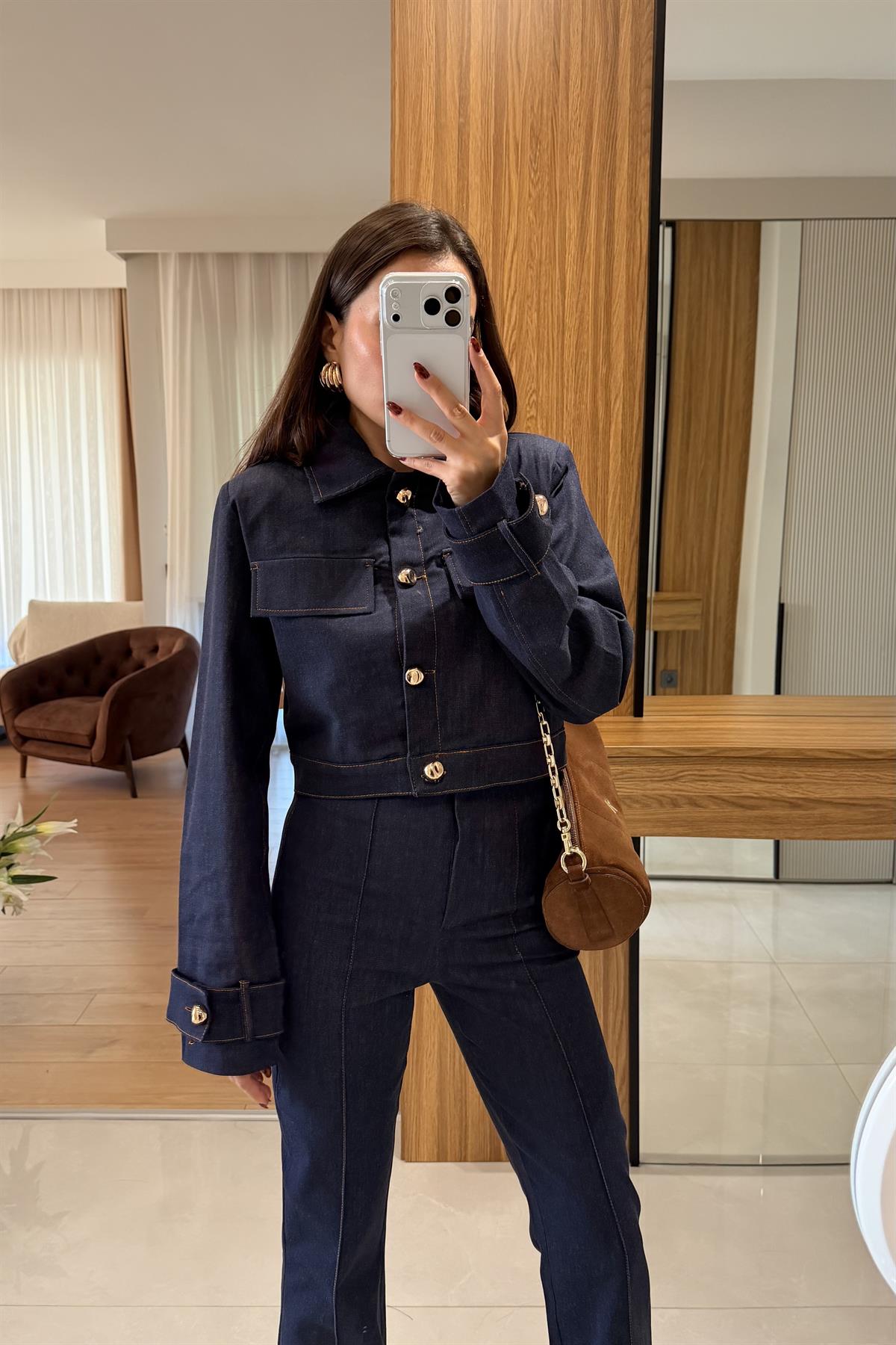 Guava Lacivert Gold Düğme Detaylı Denim Takım