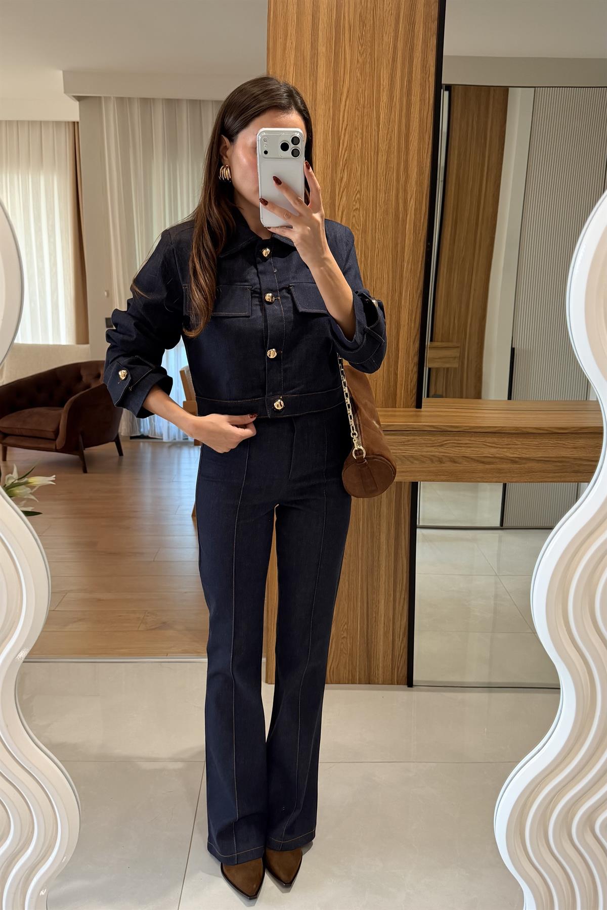 Guava Lacivert Gold Düğme Detaylı Denim Takım