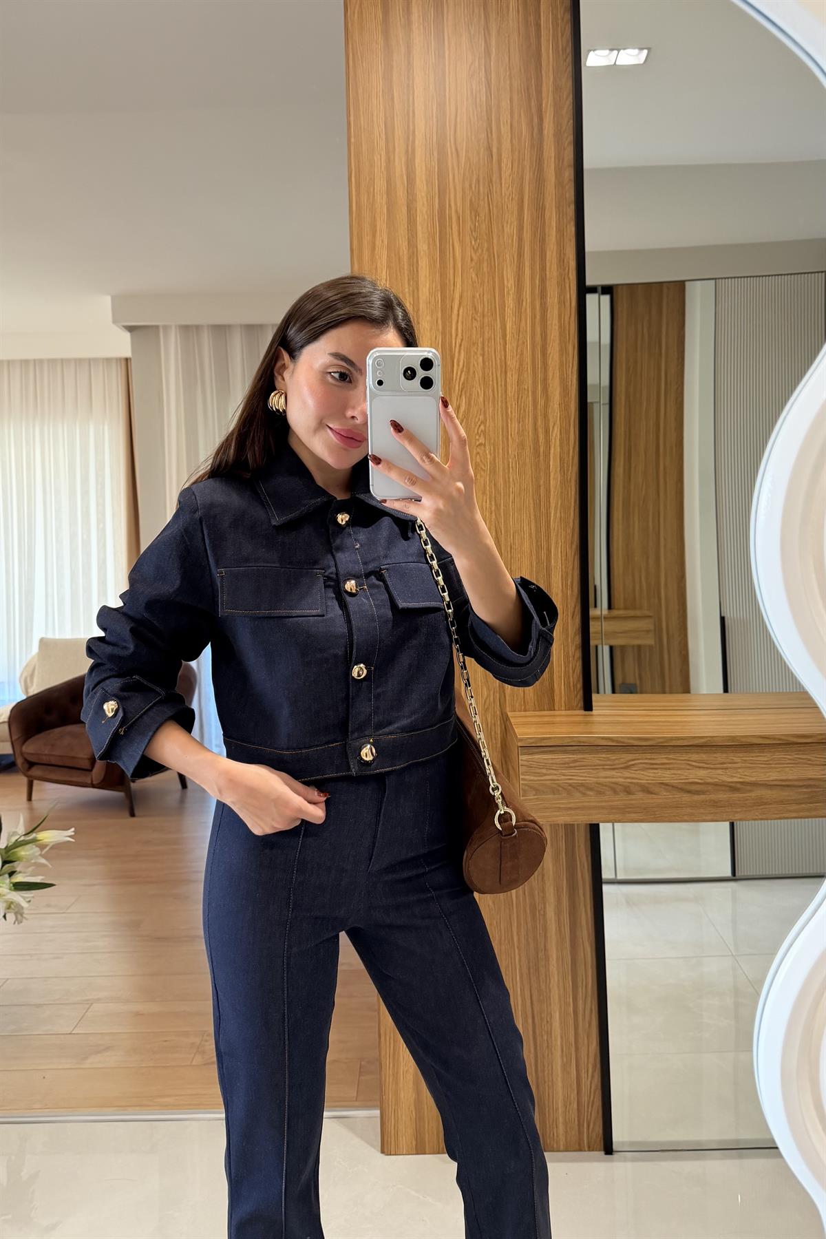 Guava Lacivert Gold Düğme Detaylı Denim Takım