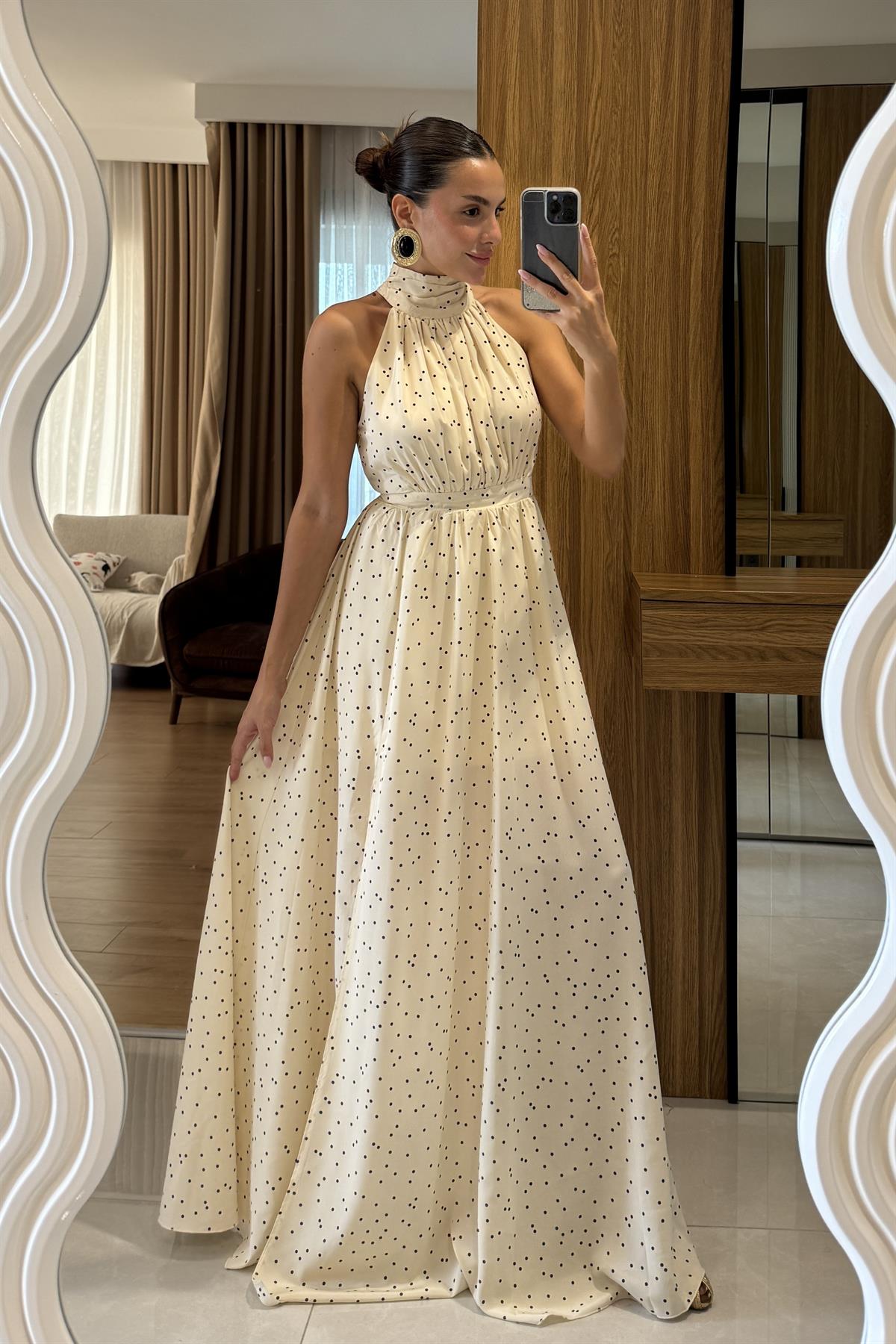 Guezza Puantiyeli Halter Yaka Elbise