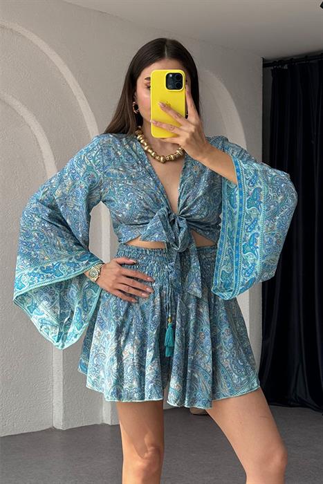 Gypsy Etnik Desenli Şort Takım - Lighblue
