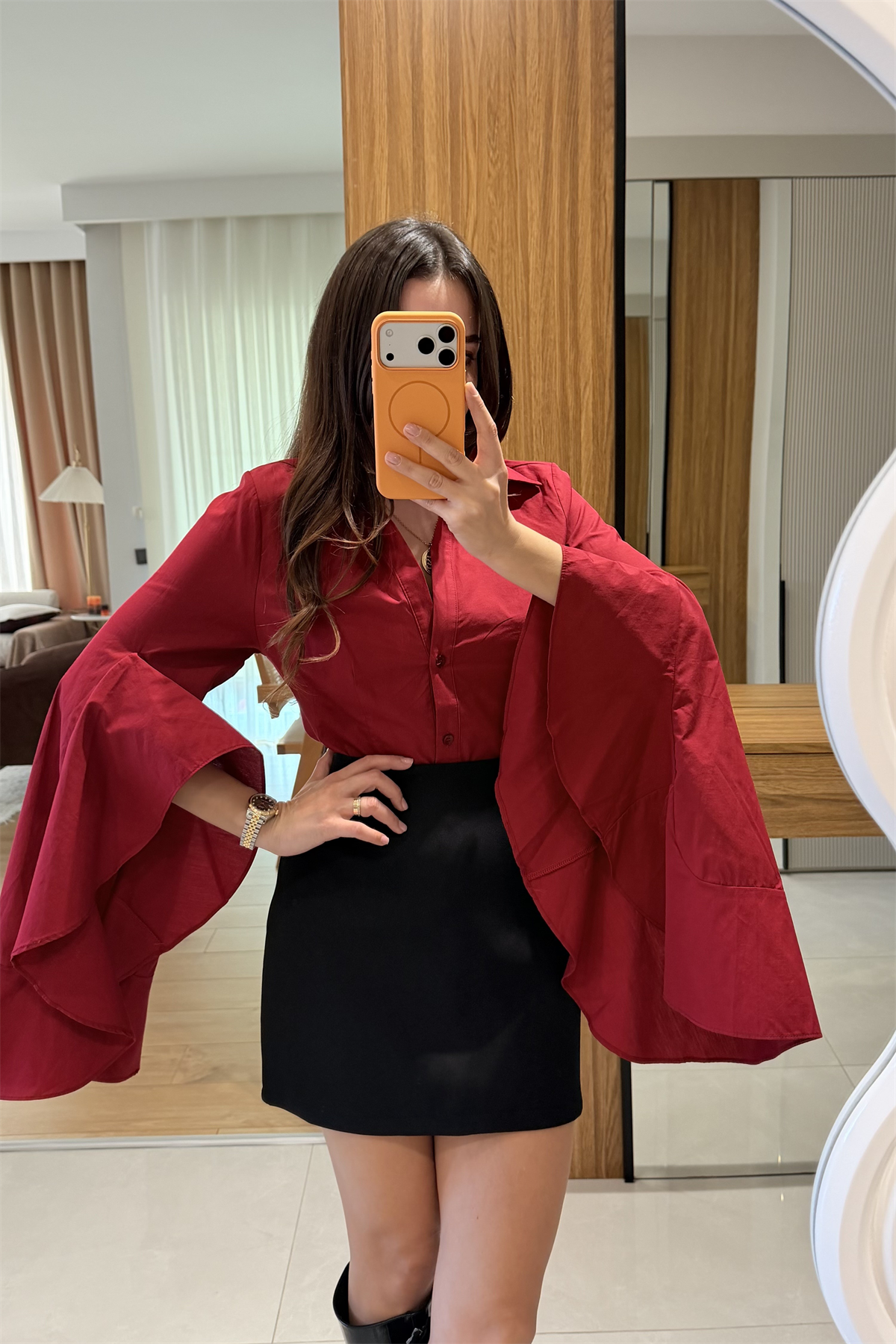 Hailey Kırmızı İspanyol Kol Gömlek