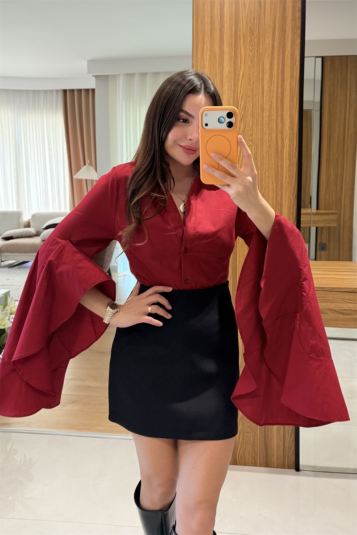 Hailey Kırmızı İspanyol Kol Gömlek