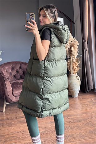 Haki yeşil uzun puffer şişme yelek