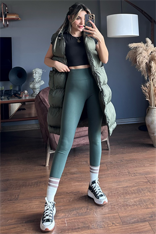 Haki yeşil uzun puffer şişme yelek
