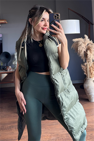 Haki yeşil uzun puffer şişme yelek