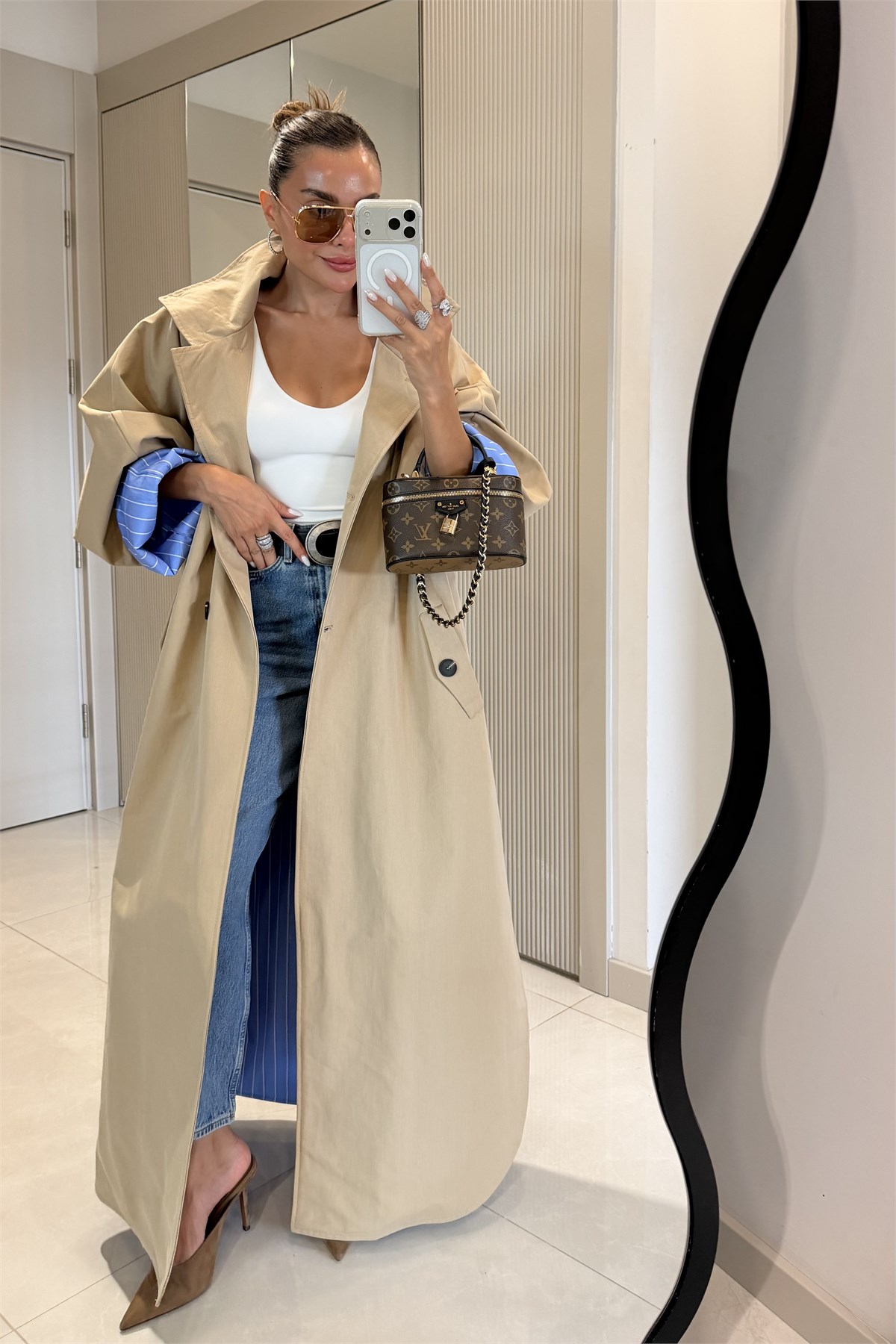 Hanger Camel Çizgili Astarlı Oversize Uzun Trençkot
