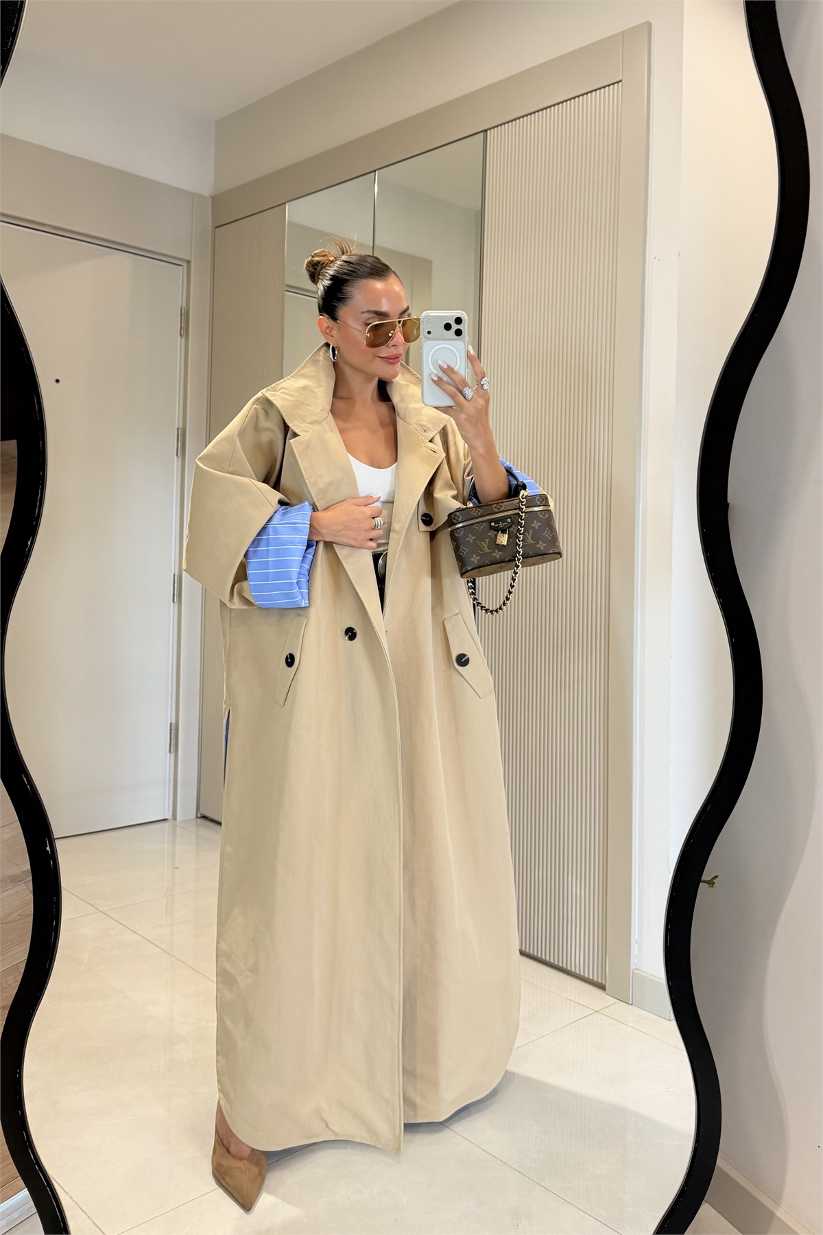 Hanger Camel Çizgili Astarlı Oversize Uzun Trençkot
