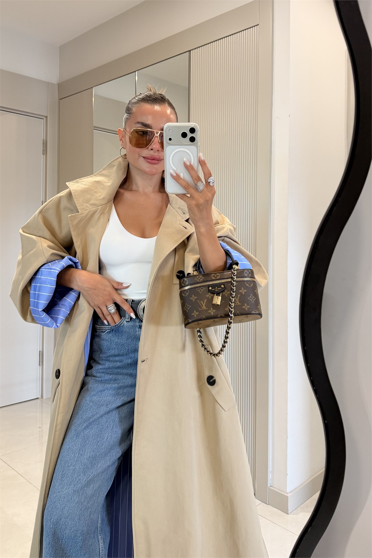 Hanger Camel Çizgili Astarlı Oversize Uzun Trençkot