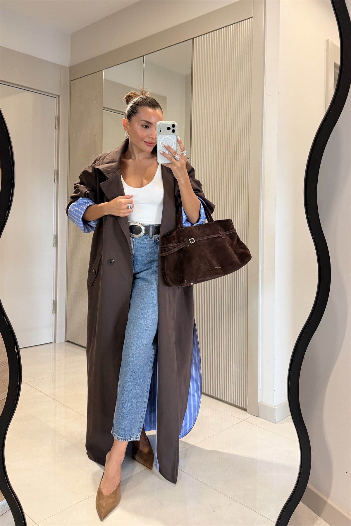 Hanger Kahve Çizgili Astarlı Oversize Uzun Trençkot