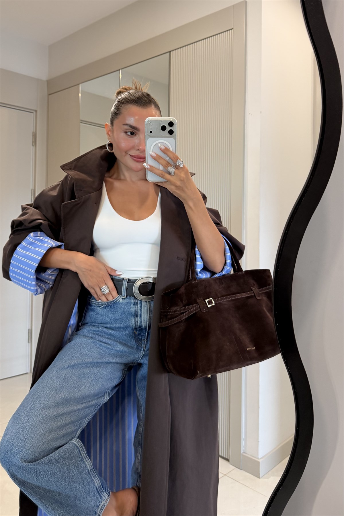 Hanger Kahve Çizgili Astarlı Oversize Uzun Trençkot