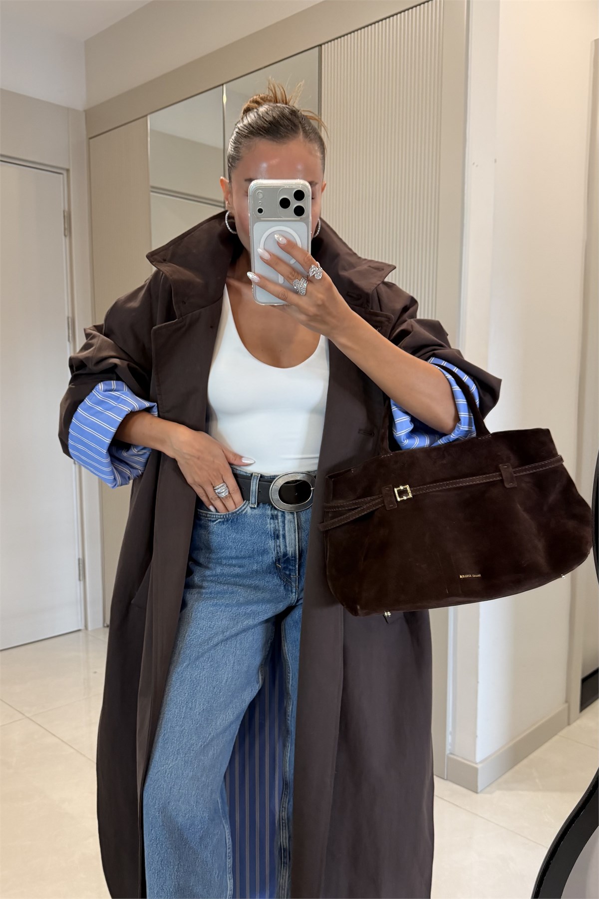 Hanger Kahve Çizgili Astarlı Oversize Uzun Trençkot