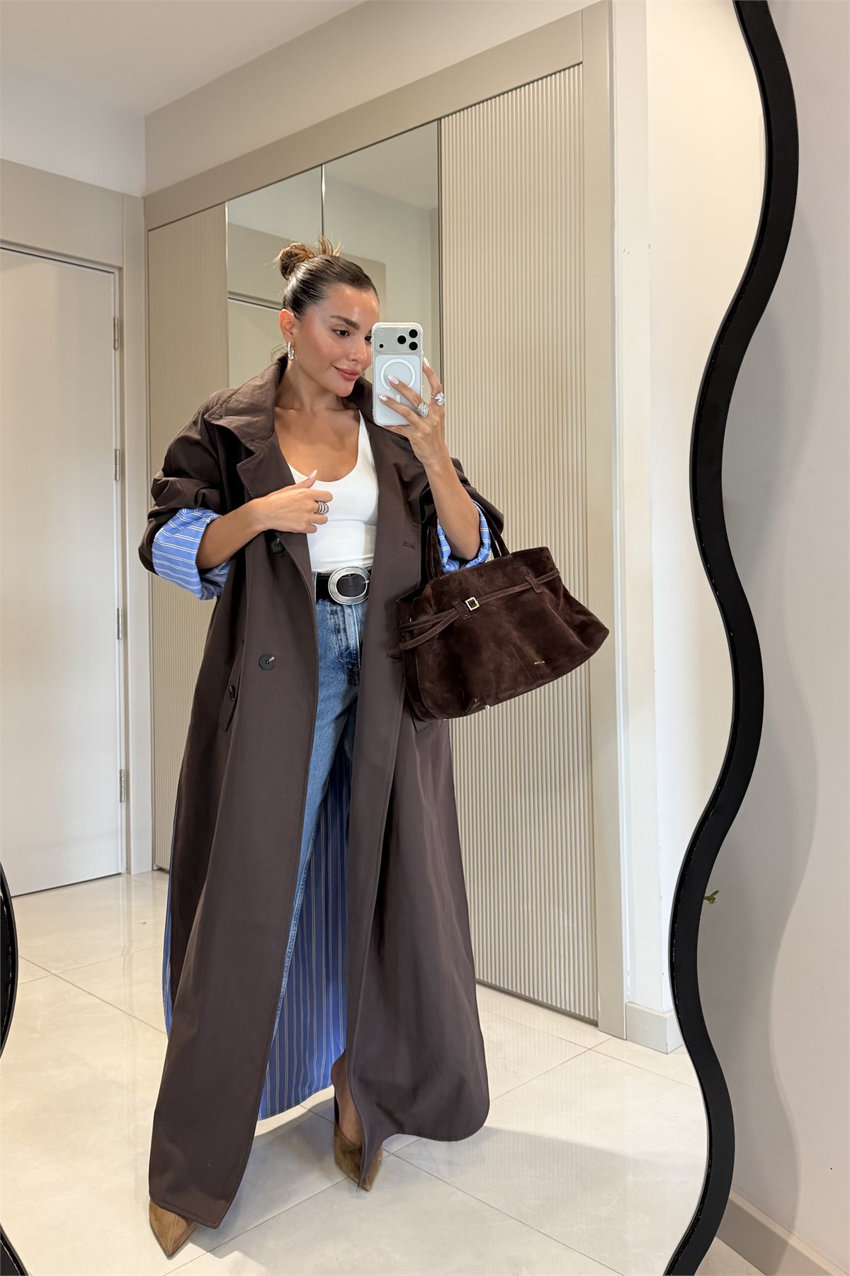 Hanger Kahve Çizgili Astarlı Oversize Uzun Trençkot