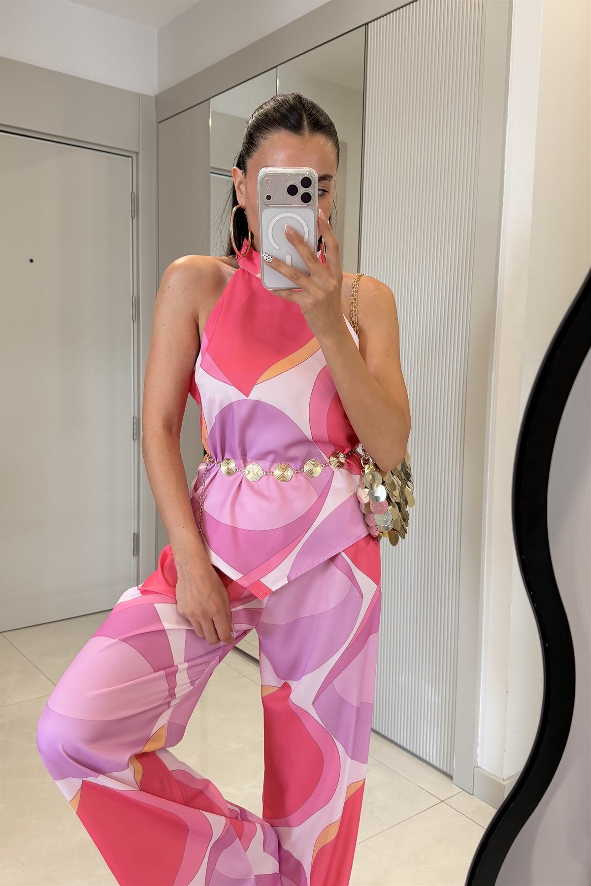 Hannah Pembe Desenli Saten Takım